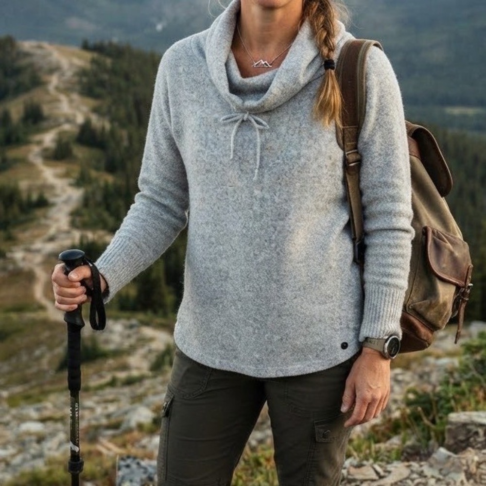 Eddie Bauer Pullover Top Gray Cowl Neck Drawstring Outdoorsy Women Large